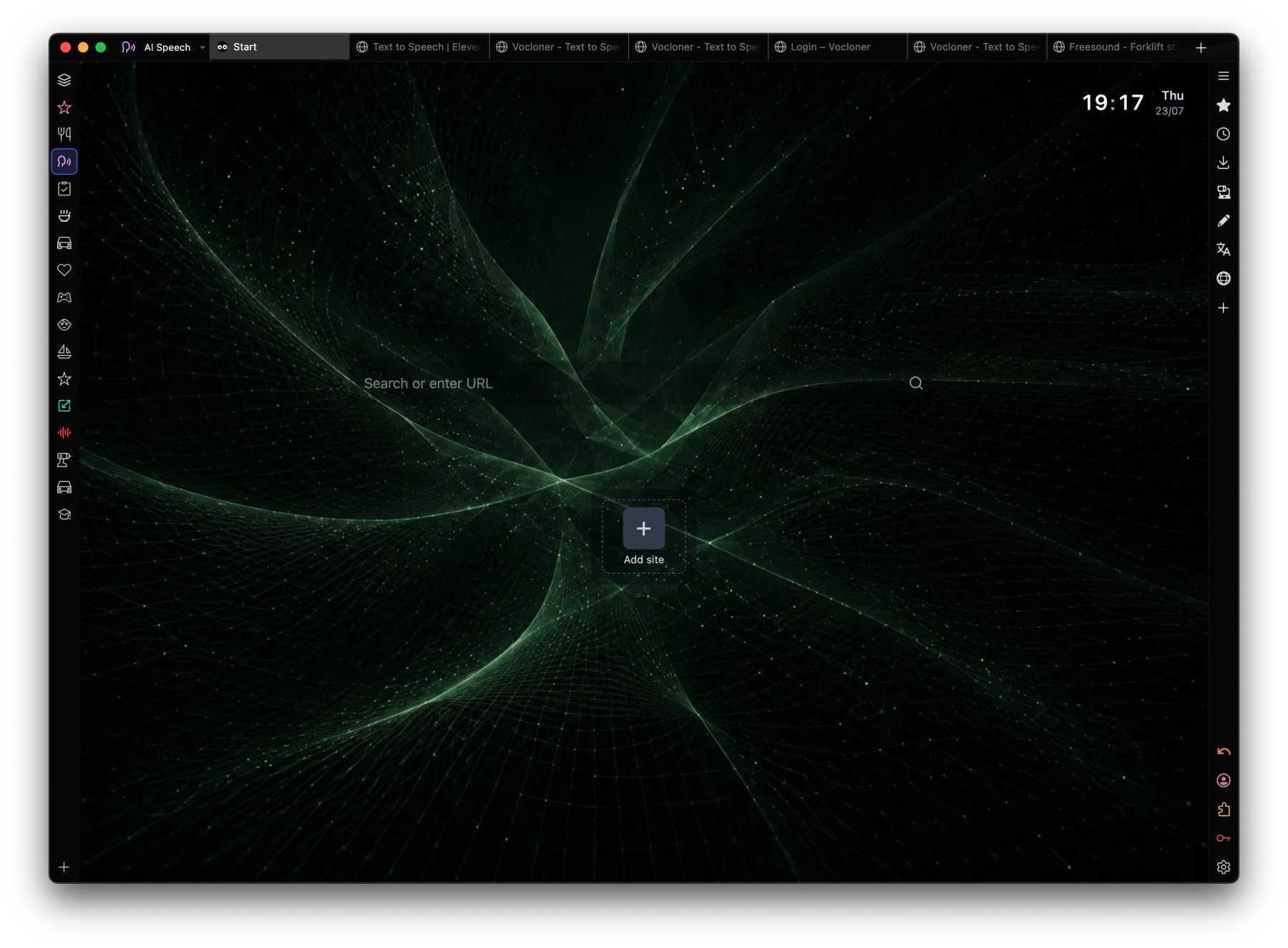 bork's new tab page with the workspaces rail down the left and the panel sidebar on the right